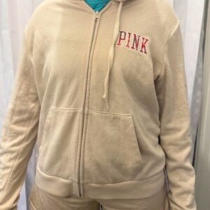 PINK Victoria's Secret Cream Hoodie with Red Logo